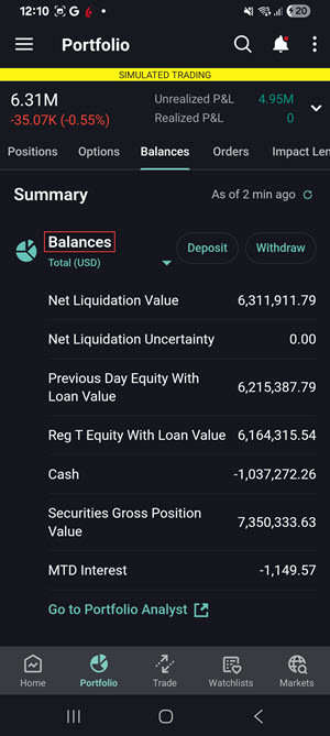 The balances tab on the Android phone. 